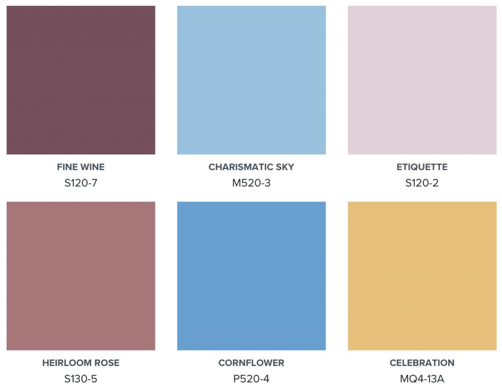 A curated palette with deep reds, saturated blues, softened pinks, and warm golden yellows.
