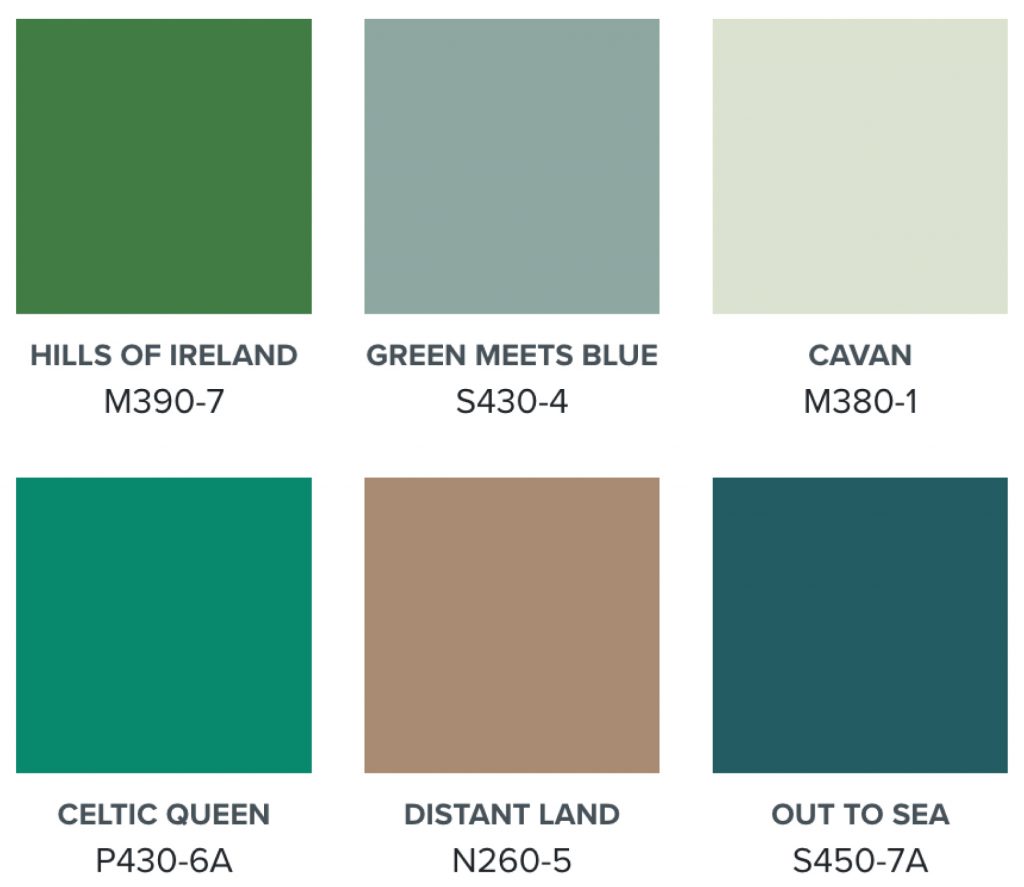 A color palette of green, blue and brown hues.