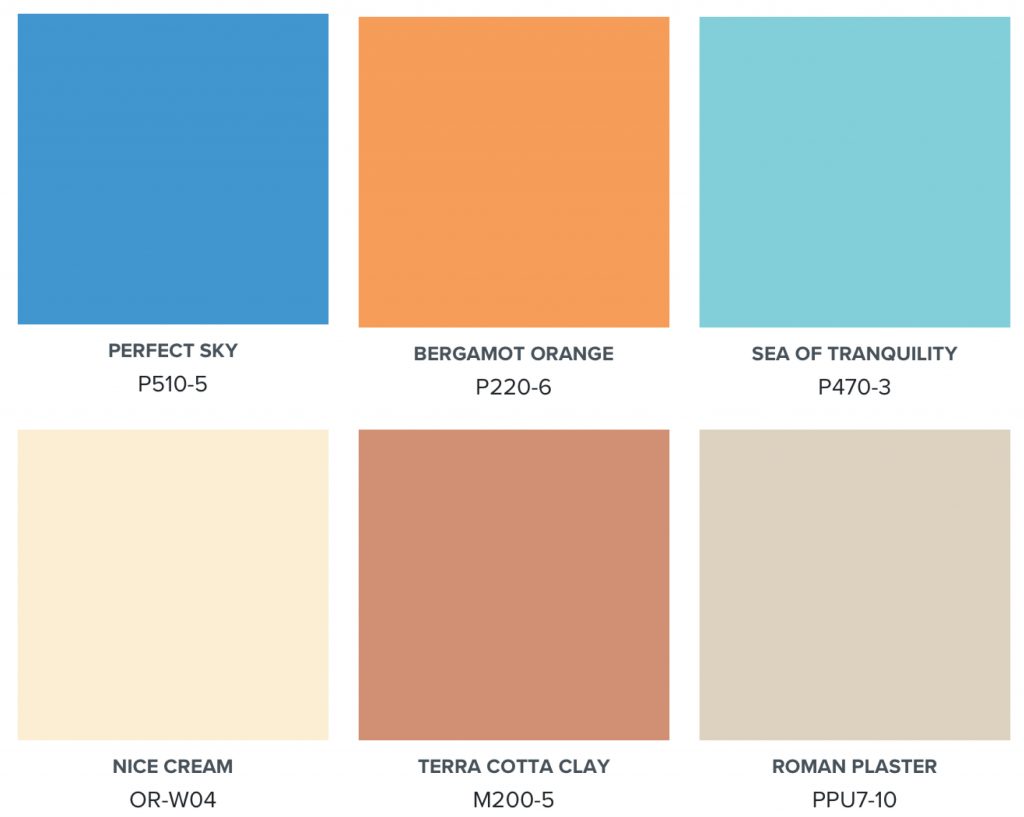 Color palette graphic showing shades of blue, orange, terracotta, and soft neutral tones.