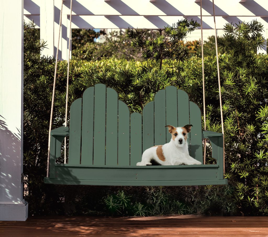 : A deep green swing bench blends into a lush garden setting.