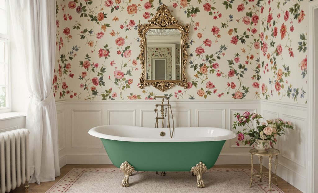 Bathroom with warm off-white walls, a soft green tub, and floral accents.