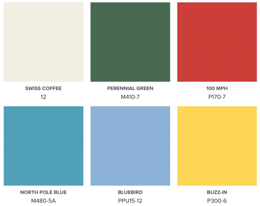 Soft creamy white with muted green, vibrant sky blues and a pop of red and yellow.