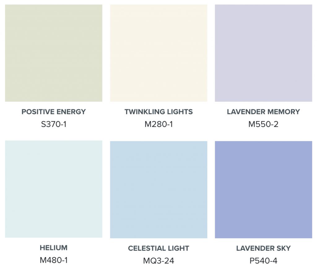 Celestial Glow pastel paint color palette featuring pale lavender, mint green, sky blue, blue-green and warm off-white BEHR paint colors.