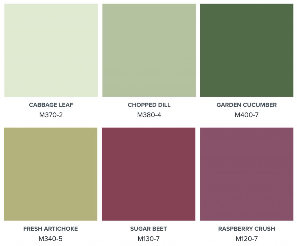 Garden Layers BEHR paint color palette featuring cabbage-inspired green paint colors, blush accents, and moody berry contrast, including Garden Cucumber, Raspberry Crush, Chopped Dill, Sugar Beet, Cabbage Leaf, and Fresh Artichoke.