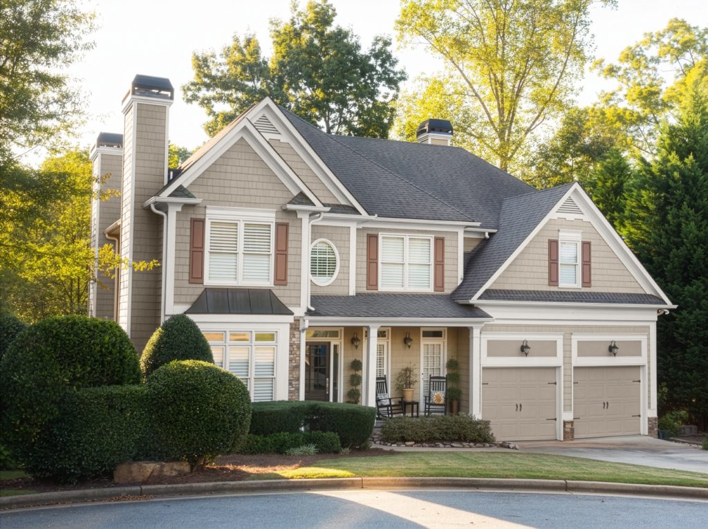 A traditional two-story home featuring Wheat Bread on the shingle siding, and off-white color on the trim, a mid-brown tone on the siding and garage doors, and rusty orange color on the shutters, surrounded by manicured landscaping.