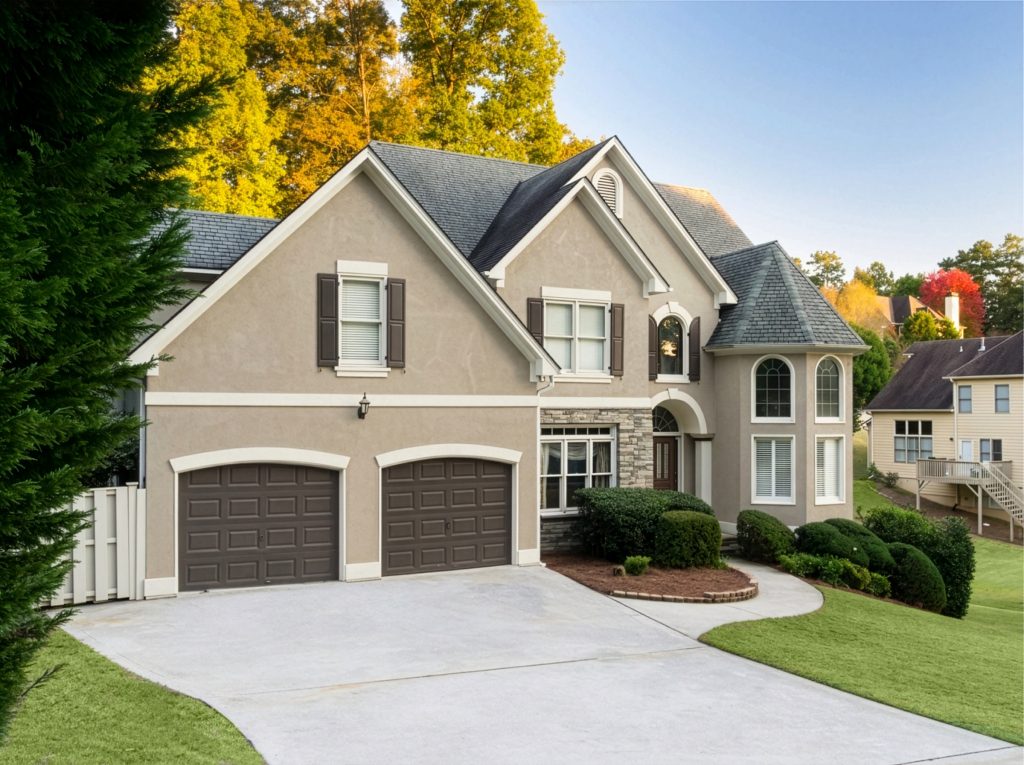 A two-story home showcasing a warm stucco house color, with Wheat Bread on the stucco and Gardener’s Soil on the shutters, front door, and garage doors, complemented by white trim and landscaped greenery.