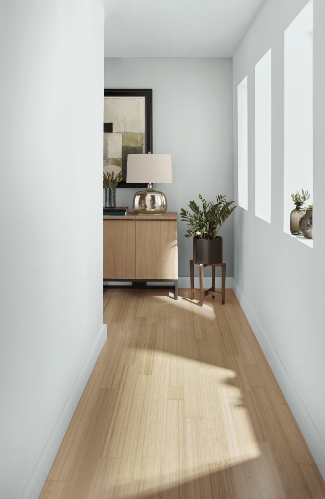 Bright hallway painted with soft pale blue paint color in Iced Sculpture, and natural wood flooring.