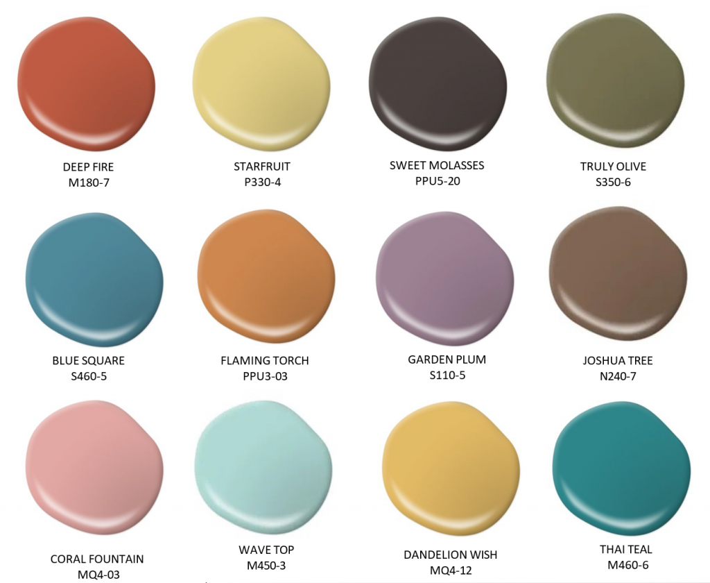 A Mid-century modern paint color palette featuring retro-inspired hues in orange, chartreuse , dark brown, olive green, teal blue, ochre, muted plum, warm brown, coral pink, aqua, golden yellow, and deep teal. Colors shown include Deep Fire, Starfruit, Sweet Molasses, Truly Olive, Blue Square, Flaming Torch, Garden Plum, Joshua Tree, Coral Fountain, Wave Top, Dandelion Wish, and Thai Teal.