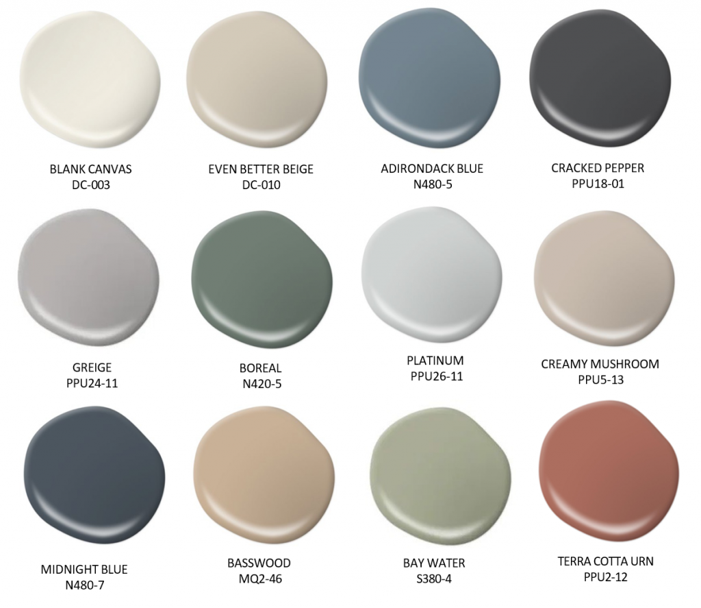 A Contemporary paint color palette featuring today's popular interior colors, including warm whites, soft beiges, muted blue-grays, charcoal, greige, sage green, crisp light gray, taupe, deep navy, light tan, pale green, and earthy terracotta. Colors shown include Blank Canvas, Even Better Beige, Adirondack Blue, Cracked Pepper, Greige, Boreal, Platinum, Creamy Mushroom, Midnight Blue, Basswood, Bay Water, and Terra Cotta Urn.
