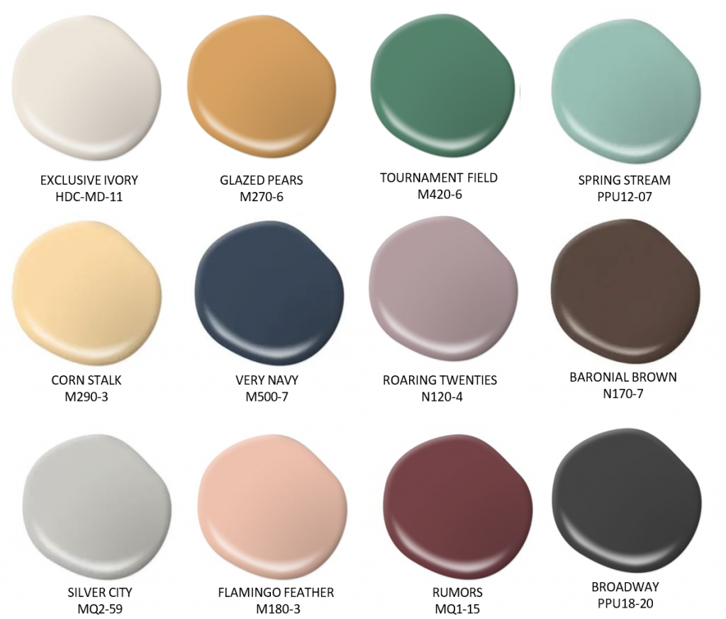 Art Deco–inspired paint color palette featuring ivory, gold, emerald green, soft aqua, navy, mauve, chocolate brown, silver gray, blush pink, deep cherry red, and charcoal black. Colors shown include Exclusive Ivory, Glazed Pears, Tournament Field, Spring Stream, Corn Stalk, Very Navy, Roaring Twenties, Baronial Brown, Silver City, Flamingo Feather, Cherry Cola, and Broadway.