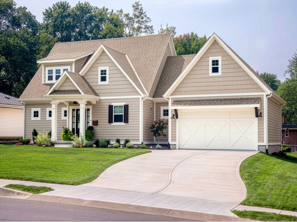 A traditional home with a neutral exterior color scheme, white trim, dark shutters, a white garage door, and a neatly landscaped front lawn.