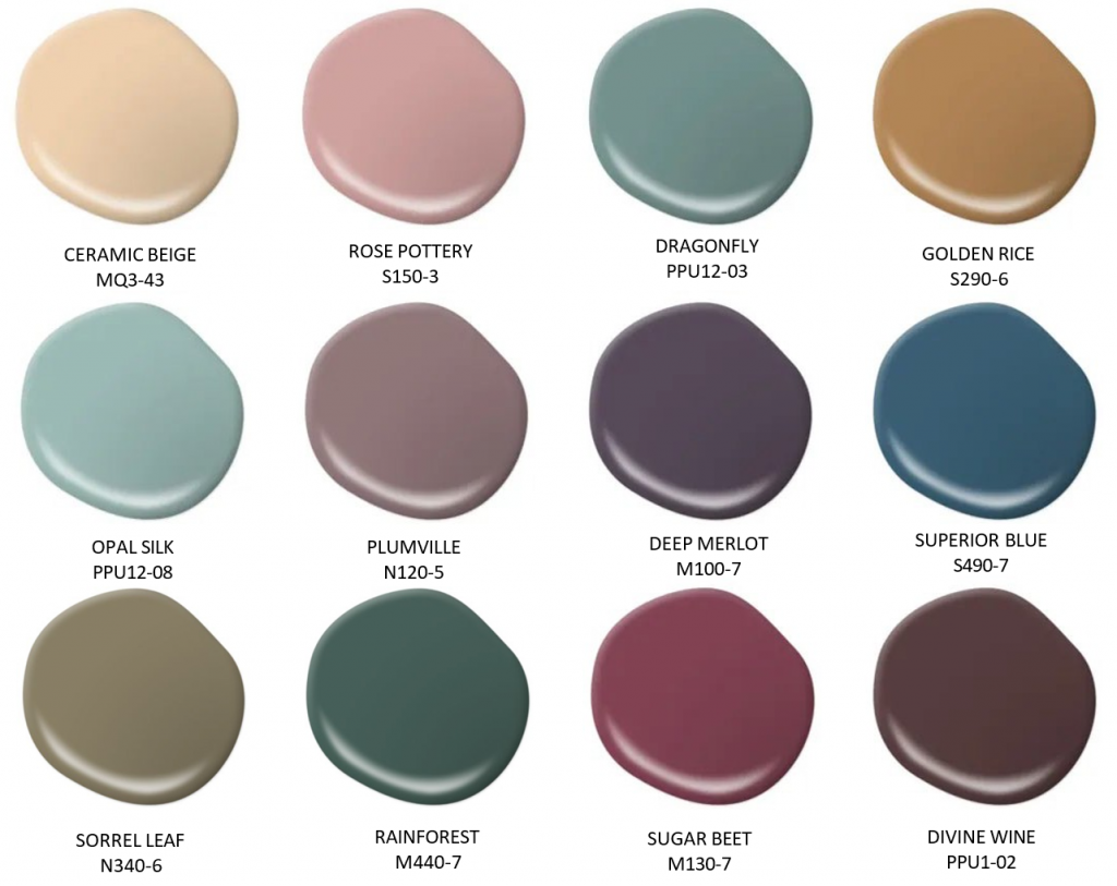 A Gilded Era–inspired paint color palette featuring elegant, heritage-inspired hues in warm neutrals, dusty pinks, muted blue-greens, golden ochre, deep plum, navy blue, deep rich emerald- green, berry red, and burgundy. Colors shown include Ceramic Beige, Rose Pottery, Dragonfly, Golden Rice, Opal Silk, Plumville, Deep Merlot, Superior Blue, Sorrel Leaf, Rainforest, Sugar Beet, and Divine Wine.
