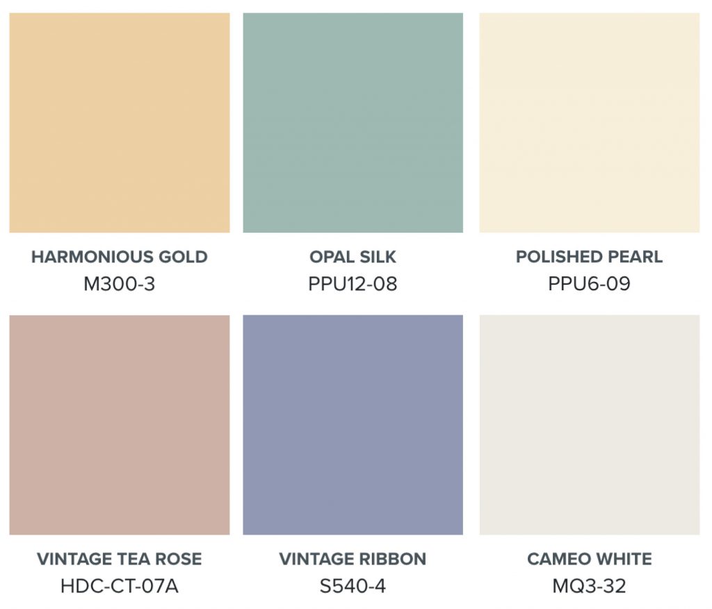 Regency Romance BEHR paint color palette featuring Harmonious Gold M300-3, Opal Silk PPU12-08, Polished Pearl PPU6-09, Vintage Tea Rose HDC-CT-07A, Vintage Ribbon S540-4, and Cameo White MQ3-32 for a romantic Regency-inspired interior color palette.