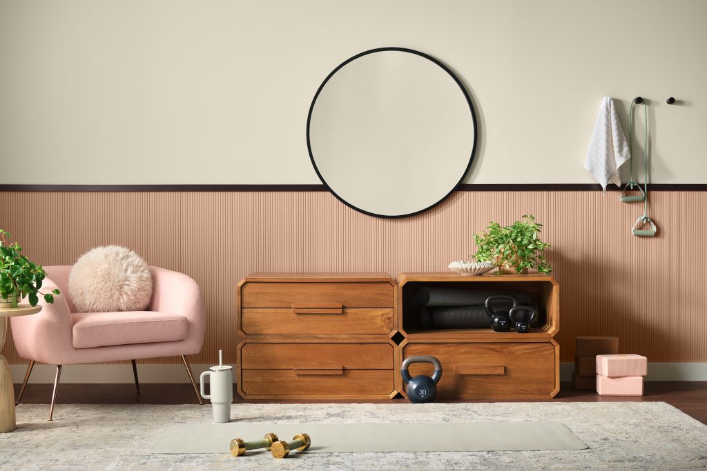 Yoga room with Coastal Beige PPU7-13 as the main wall color and Sedona Pink S190-3 on the lower wall, paired with natural wood, greenery, and soft neutral décor.