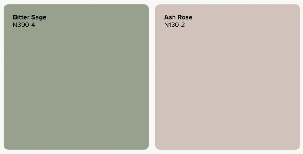 BEHR sage green and blush pink paint palette with Bitter Sage N390-4 and Ash Rose N130-2.
