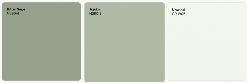 BEHR tonal green and off-white paint palette with Bitter Sage N390-4, Jojoba N390-3 and Unwind GR-W05.