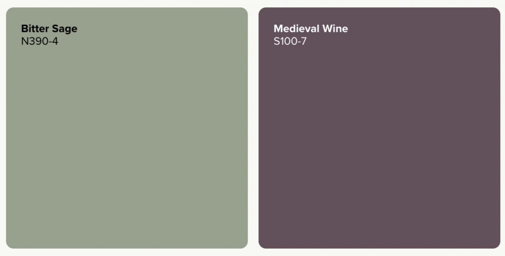 BEHR sage green and plum paint palette with Bitter Sage N390-4 and Medieval Wine S100-7.