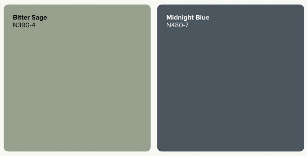 BEHR sage green and navy paint palette with Bitter Sage N390-4 and Midnight Blue N480-7.
