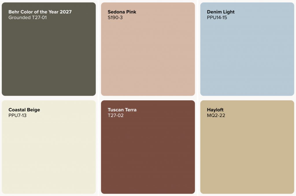 BEHR Elemental color palette featuring Grounded T27-01, Coastal Beige PPU7-13, Sedona Pink S190-3, Tuscan Terra T27-02, Hayloft MQ2-22, and Denim Light PPU14-15 inspired by earth, sky, and natural landscapes.
