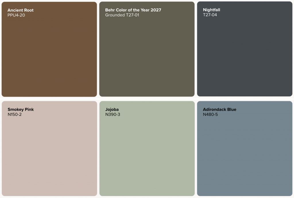 Neutral paint color palette featuring Ancient Root PPU4-20, Grounded T27-01, Adirondack Blue N480-5, Smokey Pink N150-2, Nightfall T27-04, and Jojoba N390-3 in earthy, muted, and softly expressive tones.