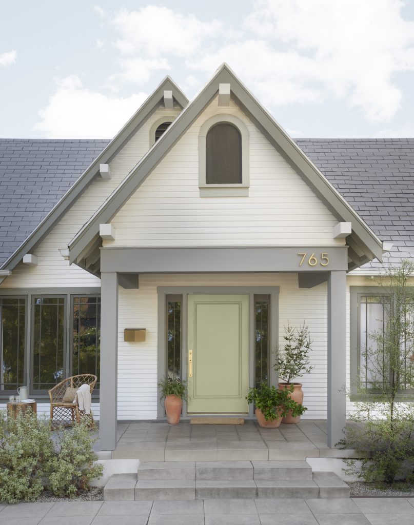 A home with the door painted in Behr Sage Brush S370-3