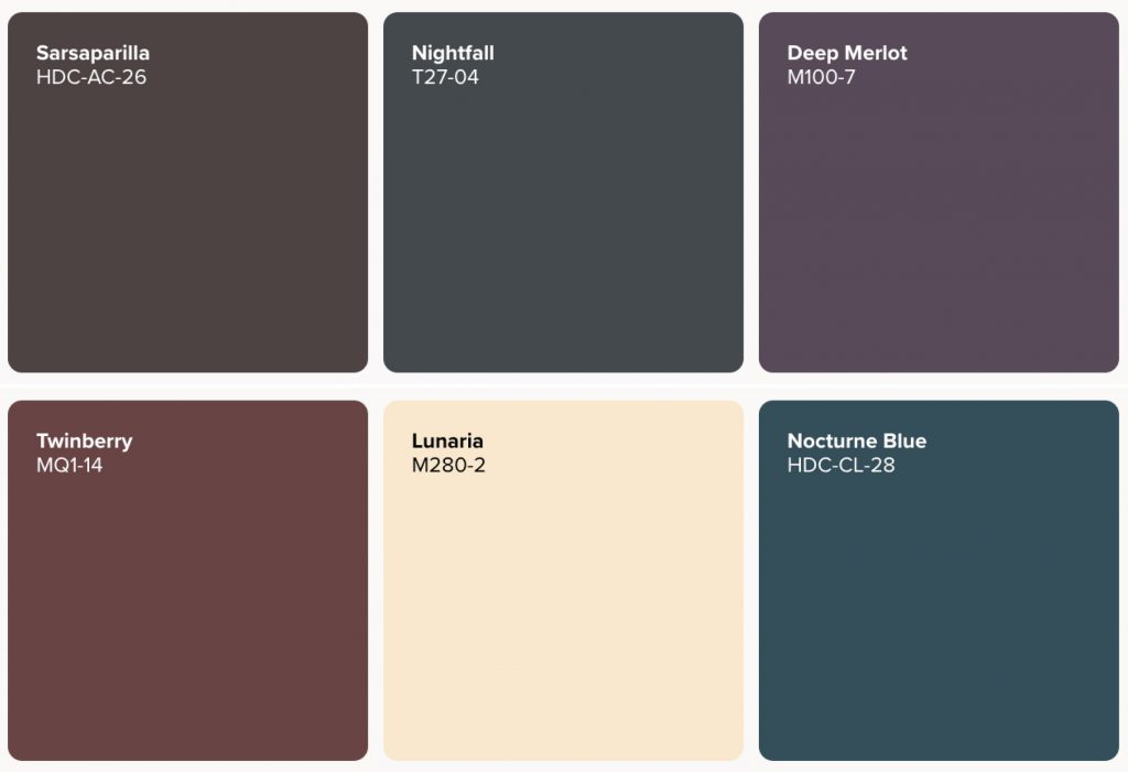Mystical Midnights whimsigoth color palette featuring Sarsaparilla HDC-AC-26, Nightfall T27-04, Deep Merlot M100-7, Twinberry MQ1-14, Lunaria M280-2 and Nocturne Blue HDC-CL-28.