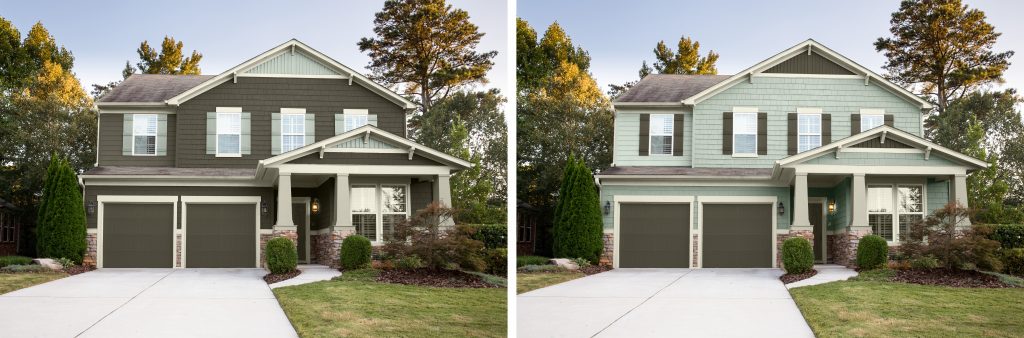 A home side by side showing how different a dark Green and light green can look on the same home; Grounded T27-0 and Frosted Sage N400-2