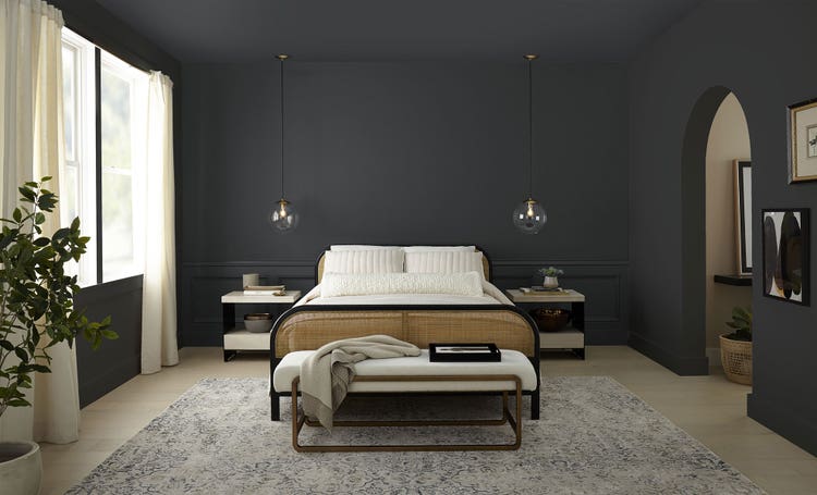 Bedroom painted in the Behr 2024 Color of the Year Cracked Pepper PPU18-01