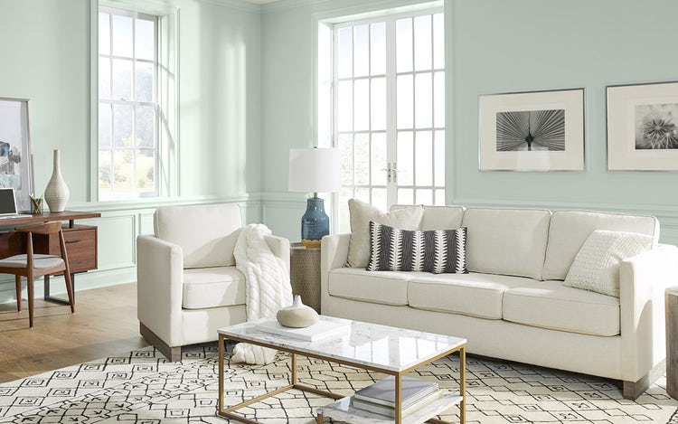 Living Room painted in the Behr 2022 Color of the Year Breezeway MQ3-21