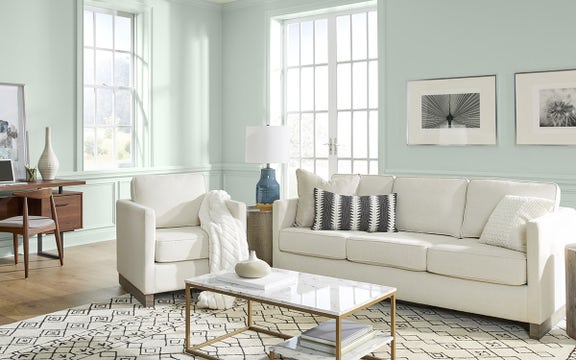 Living Room painted in the Behr 2022 Color of the Year Breezeway MQ3-21