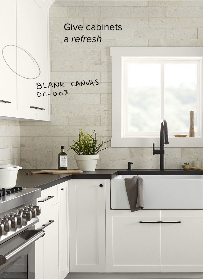 A bright kitchen with white cabinets
