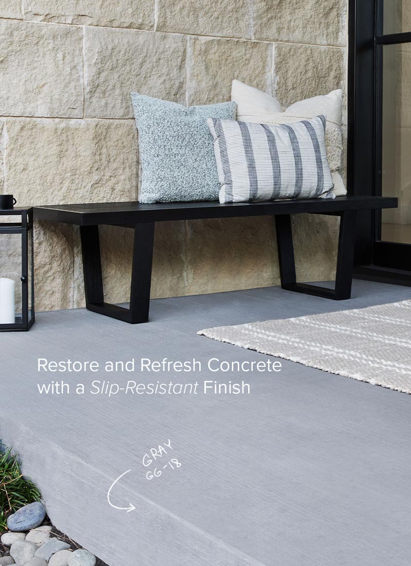 Home exterior concrete pad, surfaced in Gray, Behr Premium Granite Grip.