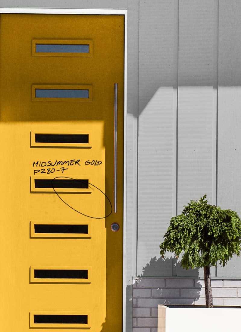 Front door exterior, painted in Midsummer Gold, Behr Cabinet Door & Trim Enamel paint.