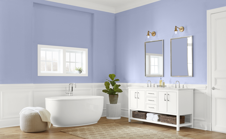 Cheerful bathroom with Meadow Phlox walls and Ultra Pure White trim and vanity