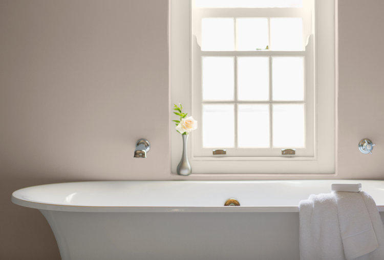 Classic bathroom with Nightingale Gray walls and Swiss Coffee trim