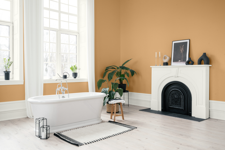 Eclectic bathroom with Cork walls and Ultra Pure White trim and fireplace