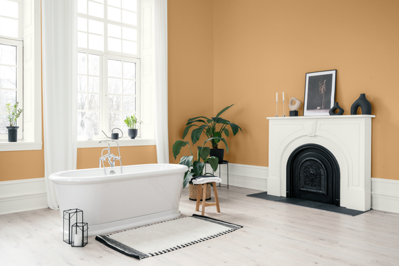 Eclectic bathroom with Cork walls and Ultra Pure White trim and fireplace