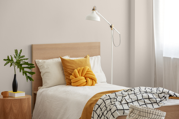 Modern bedroom with Ashen Tan walls