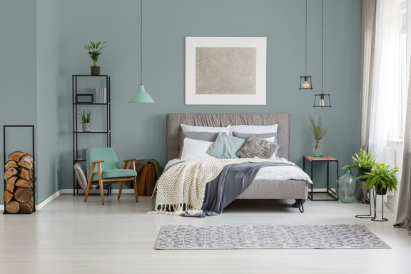 Casual bedroom with Provence Blue walls and Harmonious White trim