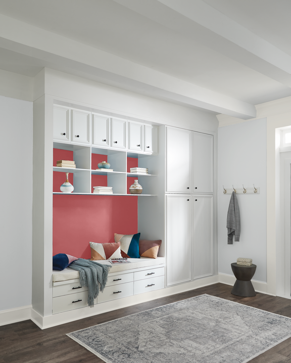 Casual hallway alcove with Platinum walls, Polar Bear trim, and Lingonberry Punch accent wall