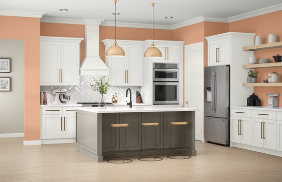 Classic kitchen with Nairobi Dusk walls, Harmonious White cabinets, and Vintage Pewter island