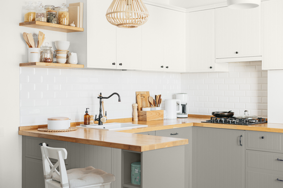 Eclectic kitchenette with Greige bottom cabinets and Polar Bear top cabinets