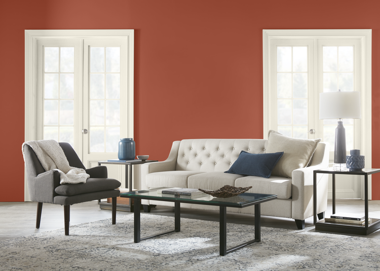 Classic living room with Kalahari Sunset walls and Swiss Coffee trim