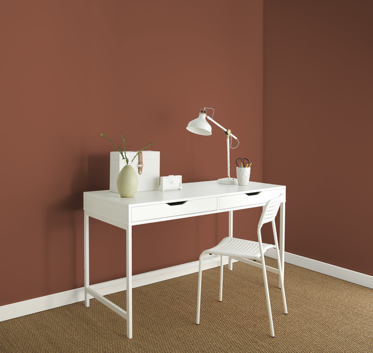 Casual home office with True Copper walls and White Stone desk and trim