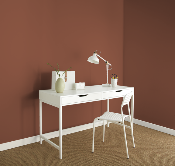 Casual home office with True Copper walls and White Stone desk and trim