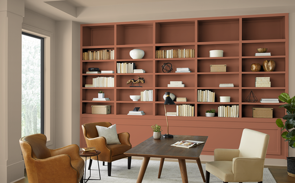Classic office with Mushroom Bisque walls and Rusty Gate bookshelf