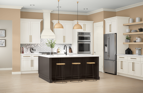 Contemporary kitchen interior featuring white cabinetry and a contrasting dark island. The space includes stainless steel appliances, double wall ovens, and a large refrigerator. Pendant lights hang above the island with three bar stools, creating a casual seating area. Light wood flooring, open shelves, and a herringbone tile backsplash complete the clean, modern look.