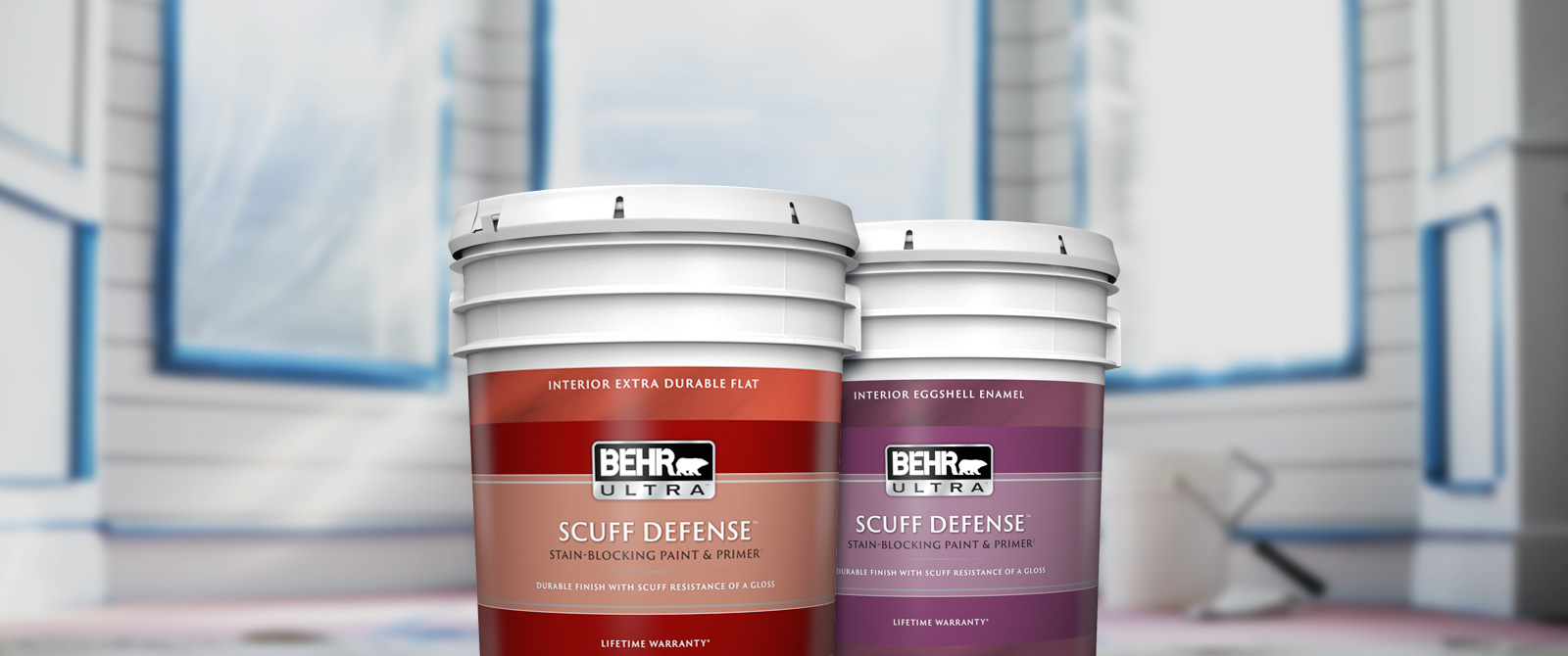 Two 5 gallon cans of BEHR ULTRA® SCUFF DEFENSE™ Interior Paint.
