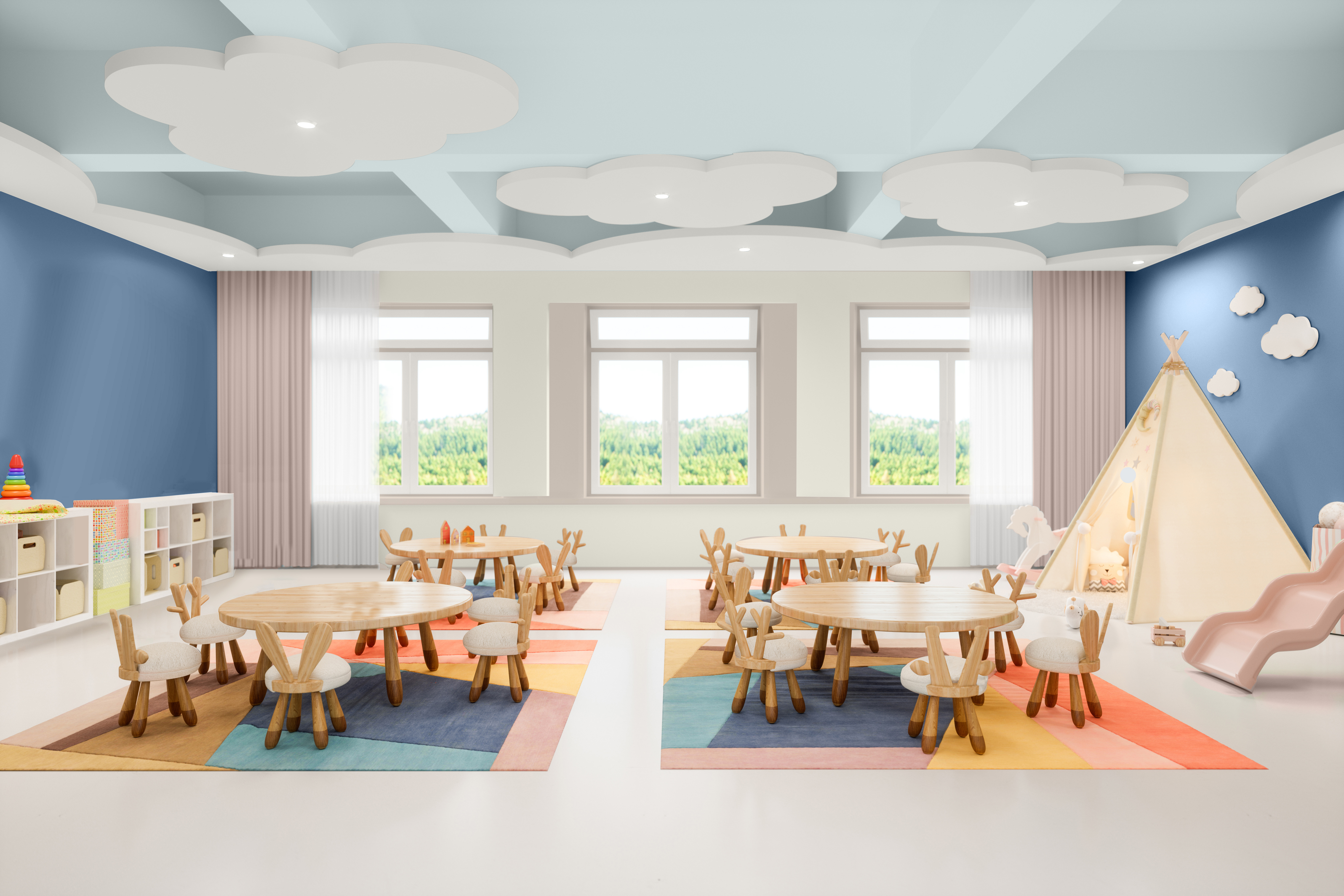 Daycare Classroom Featuring BEHR 2024 Trends Colors Malted, Whipped Cream, Offshore Mist, Laguna Blue, and Weathered White 